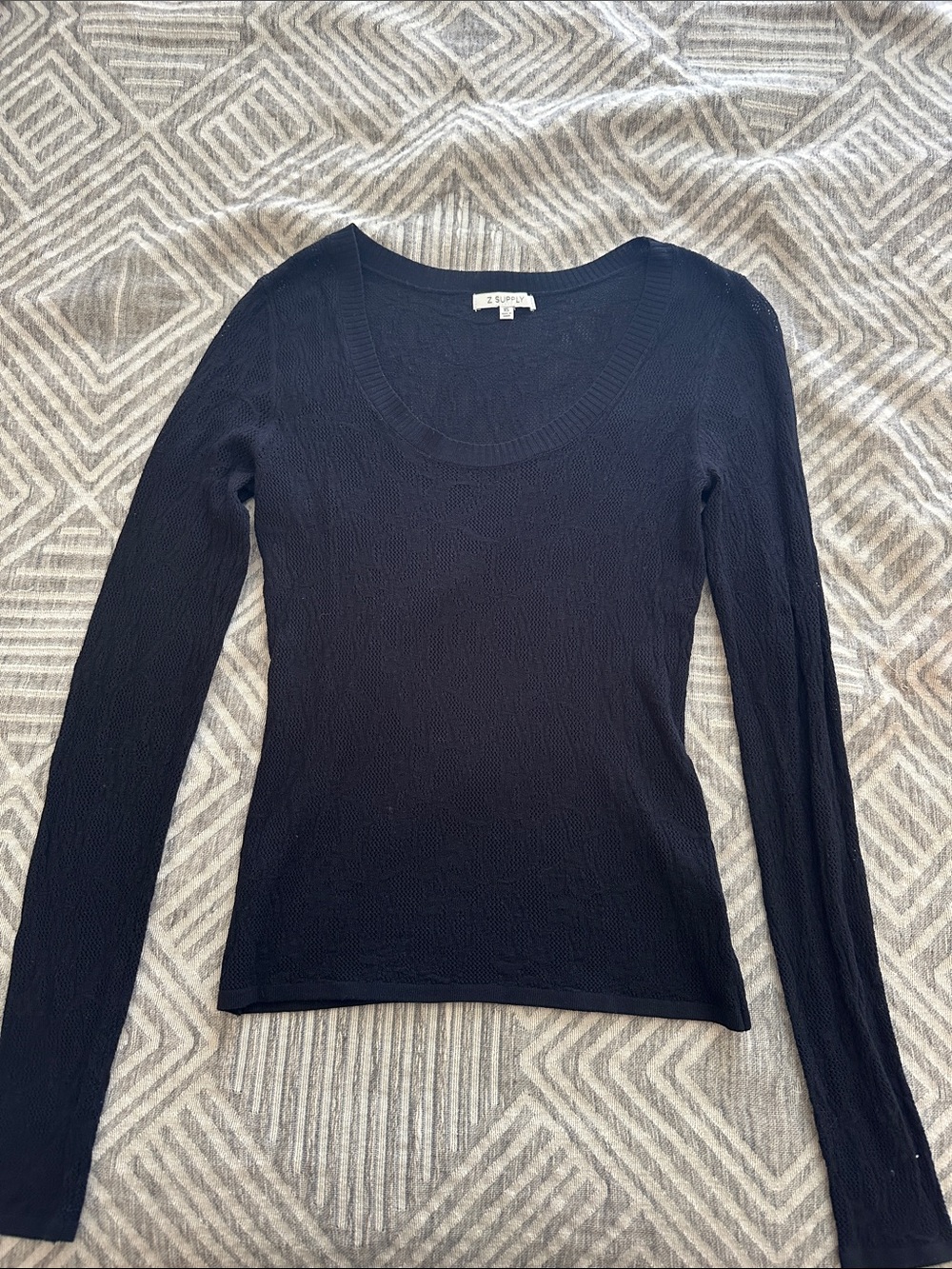 Z Supply Black Long-Sleeve Scoop Neck Ribbed Top